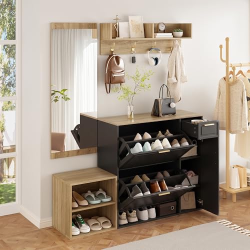 Terahanda Juego de perchero de 4 piezas – con zapatero, banco, perchero de pared y espejo, juego completo de muebles de pasillo para pasillo y entrada. Dimensiones: 139,5 x 35 x 166 cm