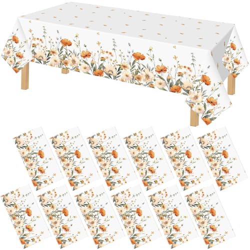 FuWeave 12 Pcs Fall Floral Tablecloth Disposable Plastic Table Covers Thanksgiving Autumn Harvest Wildflower Waterproof Tablecloths for Autumn Thanksgiving Birthday Party Decor 54 x 108 Inch