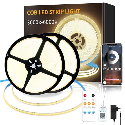Yeewhale Dimbare COB-ledstrip, 30 m, 24 V, flexibele COB-ledstripset, 3000 K, warmwit, helder, unit-licht, voor thuisfeest, doe-het-zelf decoratie, app-besturing met afstandsbediening