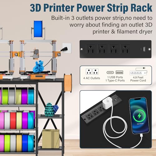 Heavy Duty 3D Printer Table with Storage, Large 4-Tier 3D Printer Stand with Power Outlet & Drawer, Sturdy Wooden Desk & Metal Filament Rack for Workshop, Home Office Black by Wanyshapy - Image 3