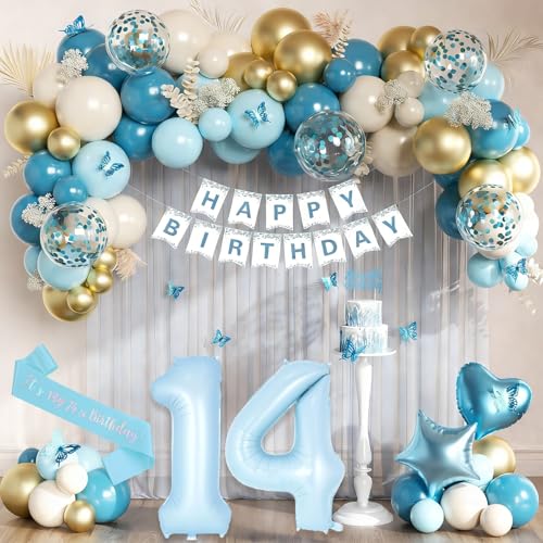 14th Birthday Decorations for Girls Light Blue happy 14th Birthday Decorations Happy Birthday Banner Sash Number 14 Dusty Blue Gold Sand White Balloons Cake Topper for 14 Year Old Party Supplies