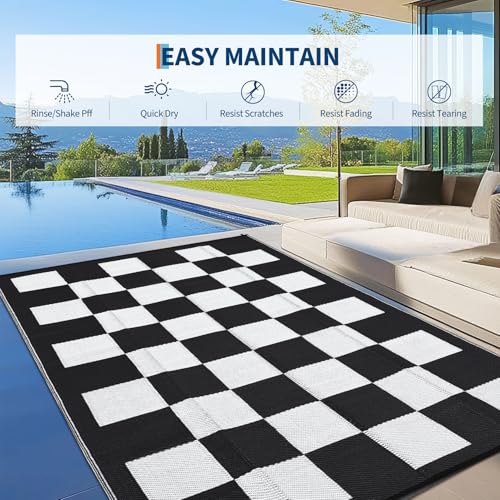 Large Waterproof Outdoor Rugs 9x18 Portable Plastic Straw Patio Rugs, Contemporary Checkered Reversible Camping Mat, Outside Floor Carpet for RV, Porch, Deck, Balcony, Beach, Black White by COZYLOOM - Image 3