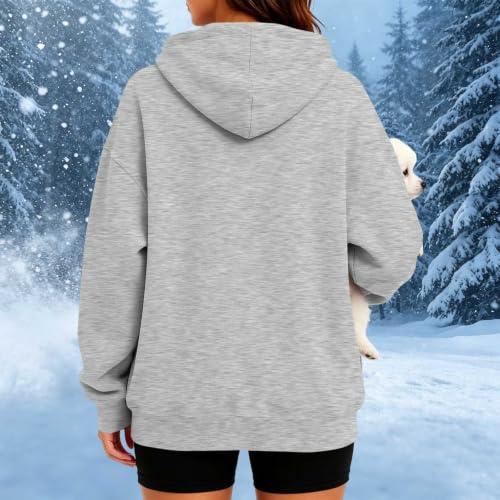 Dog Pouch Sweatshirt Pet Pouch Hoodie Womens Quarter Zip Kangaroo Pocket Travel Errands Cozy Ropa De Invierno Mujer Wardrobe Capsule Woman Over 50 Gray - image 3