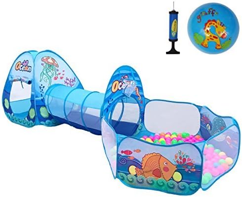 Newest Ocean Theme 3Pcs Kids Play Tent with Tunnel Ball Pits Indoor and Outdoor Children Playhouse for Toddlers, Babies Include Inflatable Toy Ball (Ocean Balls Not Included )