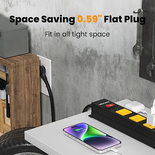 Image of 12 Outlet Long Power Strip, 2100 Joules Surge Protector, 6FT Power Cord, Wide Spaced Outlet Power Bar, Overload Protection Switch, Industrial Heavy Duty for Work Bench, Shop, Garage