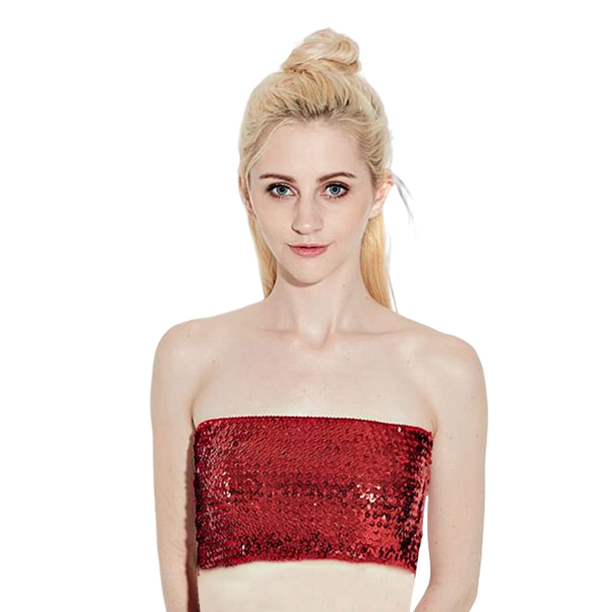SamHeng Women's Sequin Sparkly Strapless Tube Tops, Non-Padded Stretchy Bralette, Red, One Size