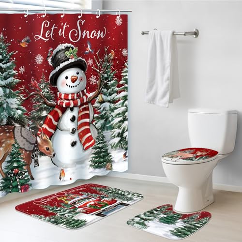 snaxuda Christmas Shower Curtain Sets 4pcs Home Winter Bathroom Decor Set with Snowman Shower Curtain Bath Mat U-Shaped Rugs and Toilet Lid Cover with 12 Hooks