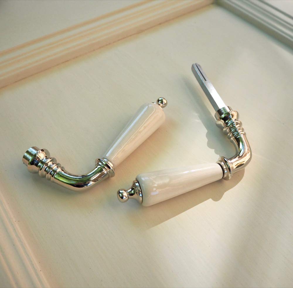 Antikas BB72 - Maniglie per porta in nichel lucidato con manico in ceramica bianco anticato + piastra lunga