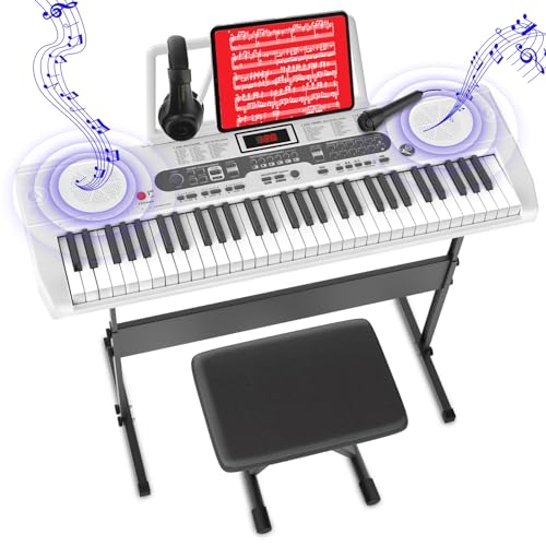 Verbessert Keyboard Piano, Klavier Keyboard für Anfänger, 61-Tasten E-Keyboard mit Keyboardständer, Klavierbank, Mikrofon, Kopfhörer, Notenständer, LED-Bildschirm, Zwei Lautsprecher, Lehrmodus