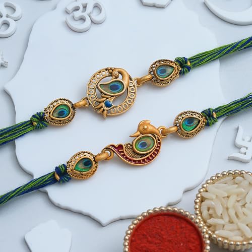 Image of eCraftIndia Beautiful Peacock Feather Designer Rakhi Set of 2 | Rakhi for Brother Bhaiya Bhai with Best Bro Ever Fridge Magnet | Roli Chawal Pack