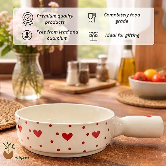 Image of Niyara Stoneware Handmade Ceramic Stylish Premium Serving Bowls /Salad Tray Microwave Dishwasher Safe (Heart Print owl with Handle)