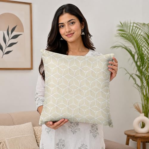 Image of Divine Casa Pluto Cushion Covers Set of 5 Cream | 16x16 Inch Jacquard Patchwork Design Decorative Cushion Covers | Throw Pillow Covers for Home Decor