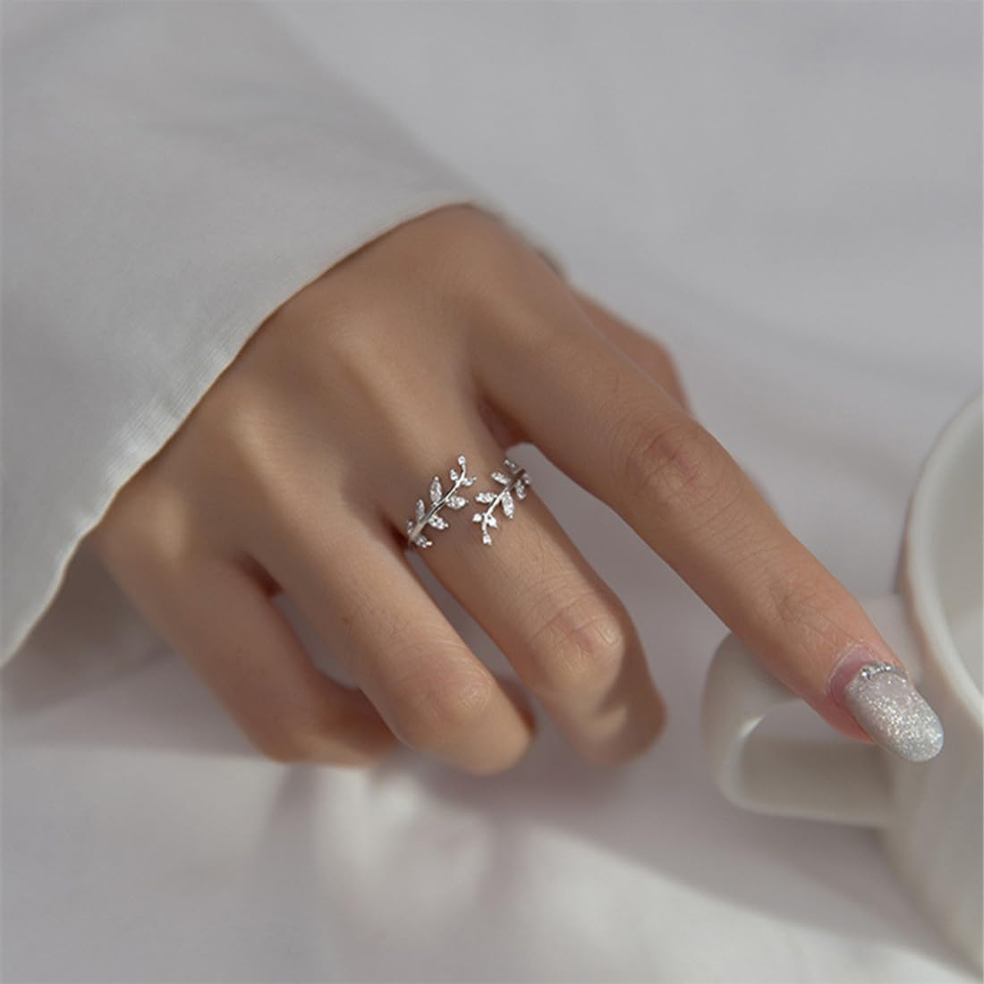 Foglie Aperte Regolabili con zirconi, Elegante Anello in Argento con Strass Scintillanti, Regalo di Gioielli per Donne, Ragazze, Matrimonio, Anniversario, Compleanno, San
