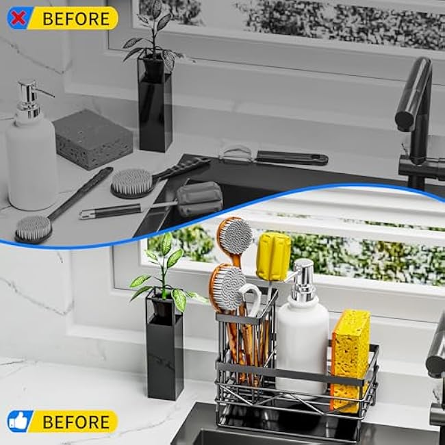 Kitchen Sink Caddy, Sponge Holder for Kitchen Sink, Kitchen Sink Organzier and Storage with High Brush Holder, Rustproof 304 Stainless Kitchen Gadgets Sink Accessories(Black, Small)