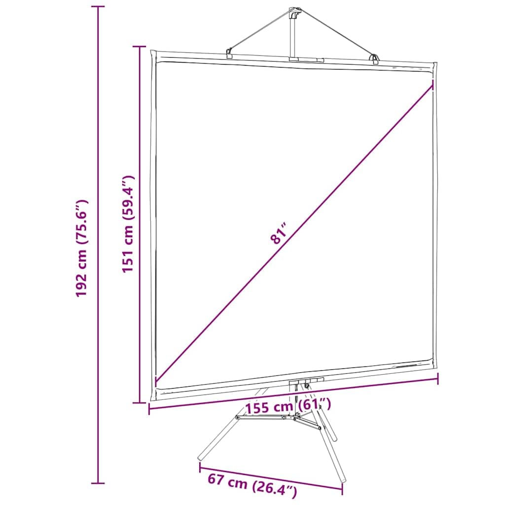 Schermo per proiettore con treppiede, 81 pollici, 1:1, portatile, per home theater, presentazioni e lezioni, pieghevole, estensibile, opaco, riflettente, telaio stabile