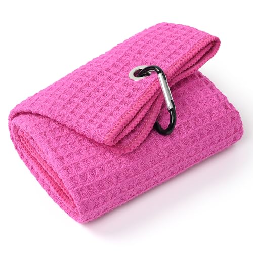 Mile High Life Premium Waffle-Weave Golf Towel | 16 X 24 | Extra Absorbent & Quick-Dry | Ultra-Soft Microfiber | Carabiner Clip | Multi-Color Options | Golf Accessory for Men & Women Pink C