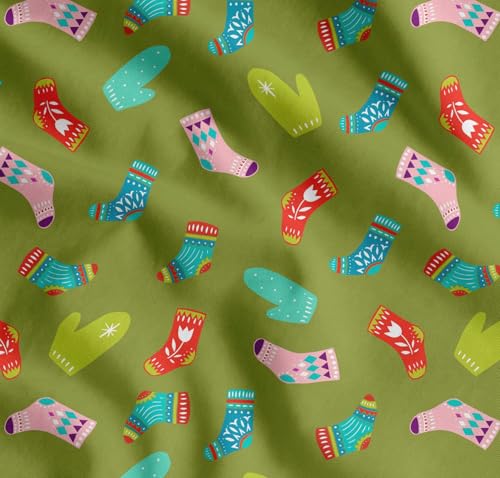 Image of Soimoi Green Cotton Poplin Fabric Socks & Gloves Folk Art Decor Fabric Printed Meter 42 Inch Wide