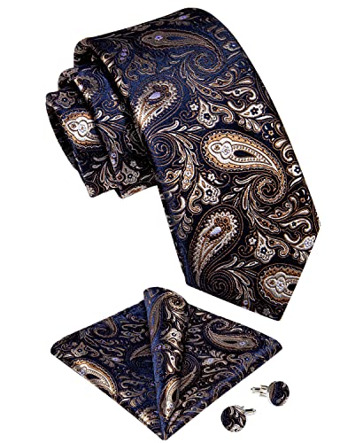 Image of DiBanGu Mens Paisley Tie Sets Silk Jacquard Woven Floral Necktie and Pocket Square Cufflinks Wedding Business Party