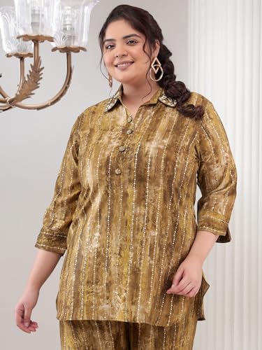 Image of Bani Women Printed Plus Size Co-ord Set, Shirt and Trouser Set 2 Piece Outfit, 3 /4 Sleeves,V-Neck with Floral Work Collar, Coord Sets for Womens, Western Dress Stylish Design for All Occasions