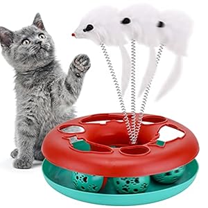 Interaktives Katzenspielzeug, 2-in-1-katzen Spielzeug mit Maus Rotierende Teaser Feder und Ball Rot
