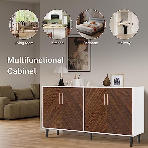 Sideboard Buffet Cabinet, 58’’ Kitchen Buffet Storage Cabinet With 4 Doors, White Sideboards And Buffet With Storage, Mid Century Modern Accent Cabinet Adjustable Shelf, Credenzas For Living Room #TOP4