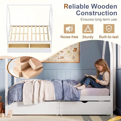 Image of Full Size House-Shape Platform Bed with Headboard and 2 Storage Drawers, Montessori Wood Bed Frame with Roof and Chimney Design, No Box Spring Needed, Easy Assembly (White-06, Full)