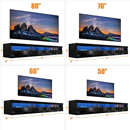 Floating TV Stand, Wall Mounted TV Shelf with Led Lights & Power Outlet, 71" Modern Entertainment Center Media Console with Storage, High Gloss TV Cabinet for 65/75/80 inch TV