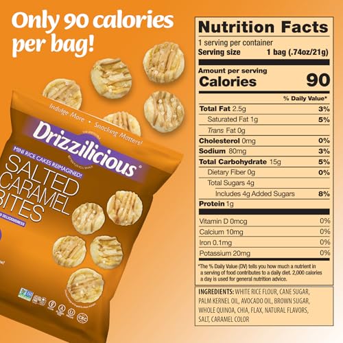 Drizzilicious Mini Rice Cakes Salted Caramel - Rice Crisps, Healthy Snack for Adults and Kids, Flavored Rice Cakes, Vegan, Gluten Free, Allergen Free, Only 90 Calories Per Bag - 0.74 oz (Pack of 10)