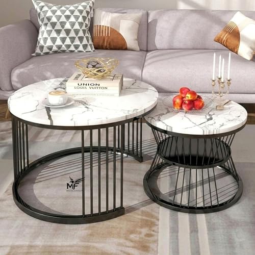 Image of MELVON Lightweight Nesting Coffee Table Set of 2, Black Frame with White Marble Look Top, Round Center & Side Table for Home