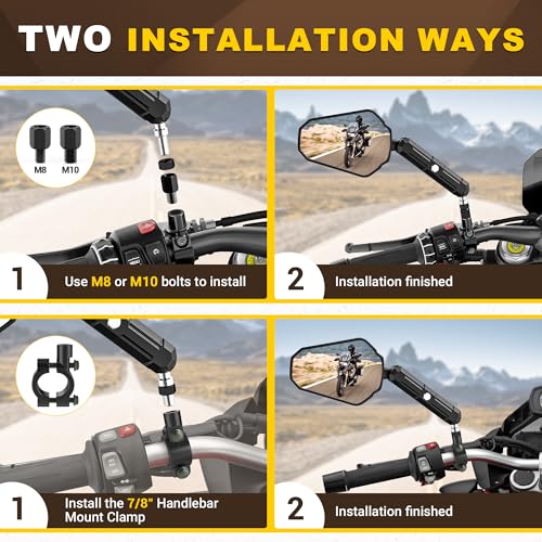 Image of BUMBEE Upgraded Adventure Motorcycle Mirrors 360 Degrees Adjustable, Foldable Convex Side Rearview Mirrors No Vibration & Wobble With M8 M10 Screws and 7 /8 inch Handlebar Mount for ATV Scooter Dirt Bike