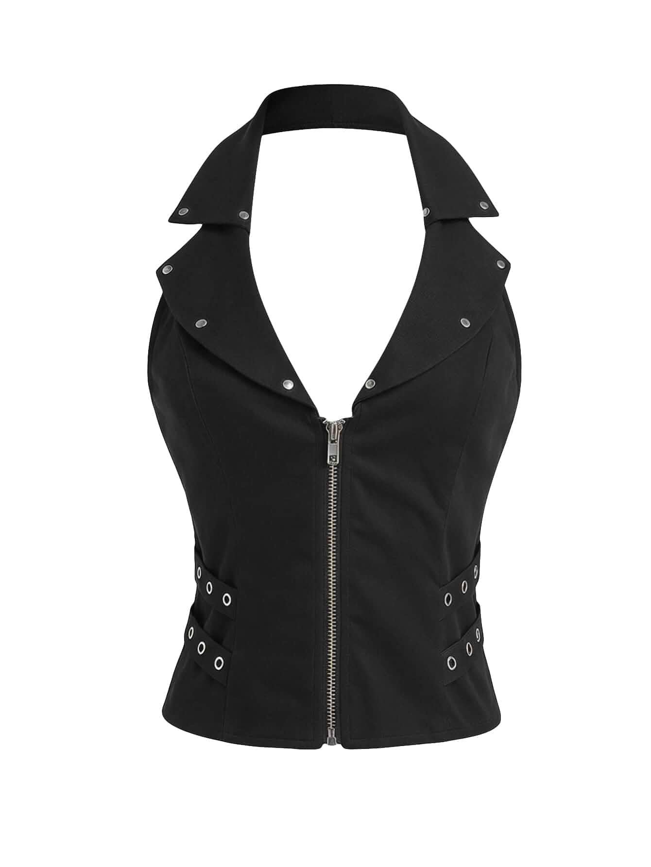 WDIRARA Women's Goth Punk Zip Up Halter Top Lapel Collar Sleeveless Tank Tops Festival Clubwear Fitted