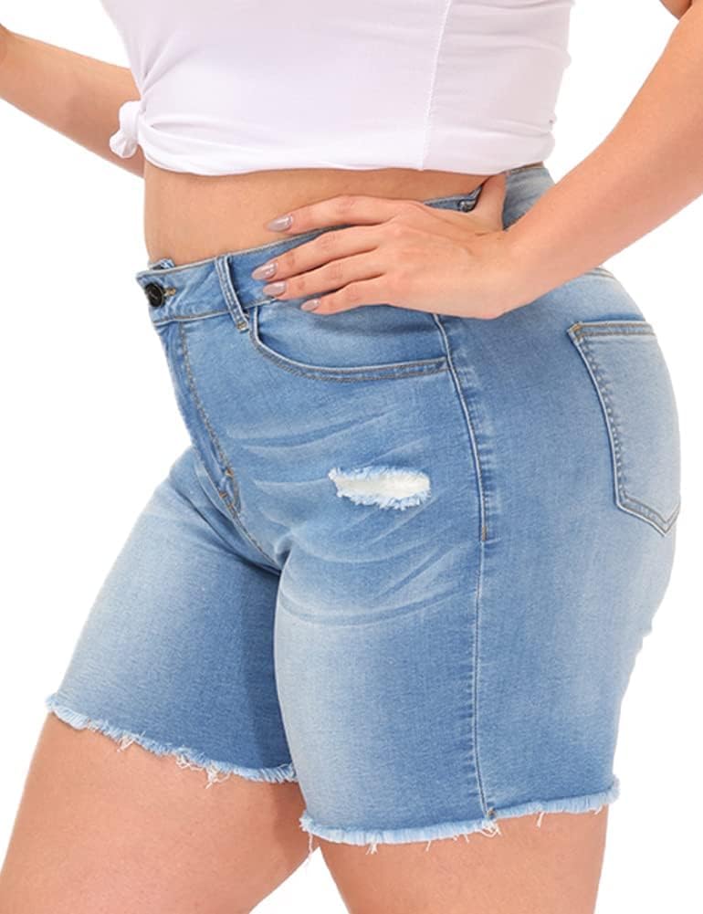 Women Plus Size Jean Shorts Stretchy High Waisted Frayed Raw Hem Denim Shorts 5.5" Inseam - Image 4