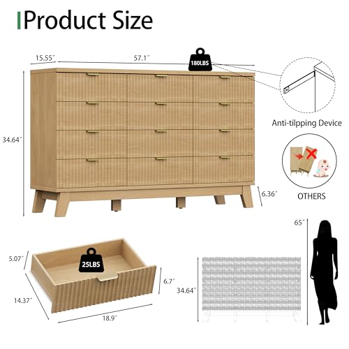 Image of Fluted Dresser for Bedroom with 12 Drawers, 57 inch Wide Modern Chest of Drawers with Metal Handle, Wooden Dresser TV Stand, Wood Closet Clothes Storage Organizer for Living Room, Hallway, Natural Oak