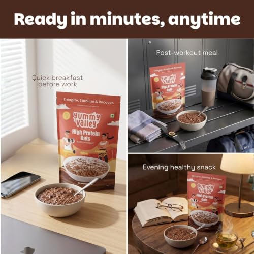 Image of Yummy Valley High Protein Oats for Adults, Dark Chocolate 230g | 12g Protein & 6g Fibre per Serve | Oats with Whey & Soy Protein | No Refined Sugar | High Protein Oats, Chocolate Breakfast Food