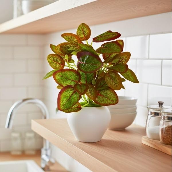 Image of fancymart Artificial Plant Leaves in Apple Pot (30 cm Height) | Small Potted Plant for Office Desk | Home Decor for Living Room | Cafe & Restaurant Table Decoration