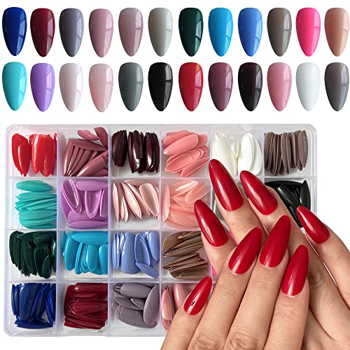 AddFavor 576pcs Almond Press on Nails Medium Fake Nails Full Cover Short Stiletto Nails Press ons Glossy Acrylic Artificial False Nail Tips for Women Girls Nail Art Manicure