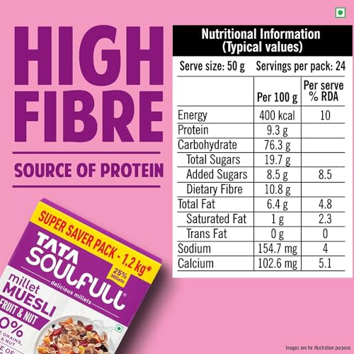Image of Tata Soulfull Millet Muesli, Fruit & Nut, 1.2 kg, With 20% Crunchy Millets, 90% Whole Grains, Source of Protein, High in Fibre, Contains Ragi, Jowar & Bajra (Pack of 2)