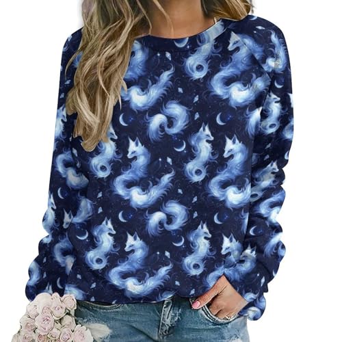 Nevjipu Sudaderas gráficas para mujer, de manga larga, con estampado de zorro de fantasía y luna, acogedora, cuello redondo