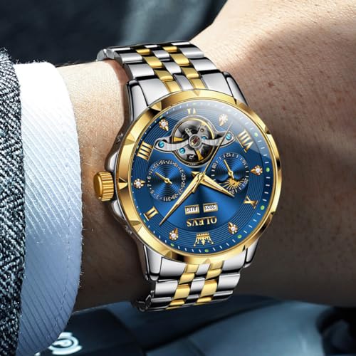 Image of OLEVS Automatic Watches for Men Self Winding Mechanical Skeleton Luxury Dress Stainless Steel Diamond Men Wrist Watches