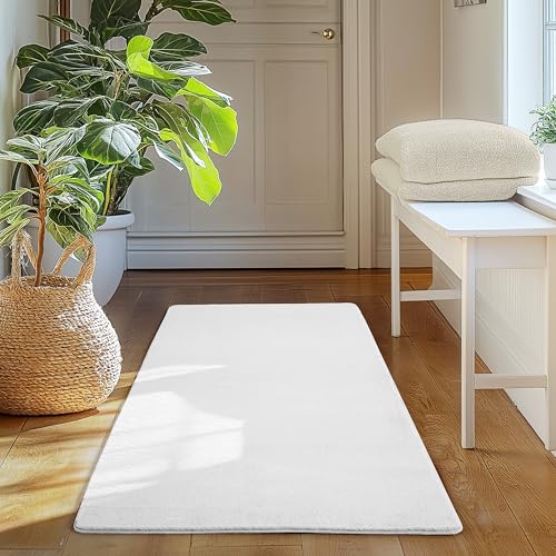 SIMPEX Läufer Teppich Weiss 60x100 cm Kurzflor Teppich Waschbar, weich & rutschfest, modernes einfarbiges Design für Schlafzimmer, Küche & Flur