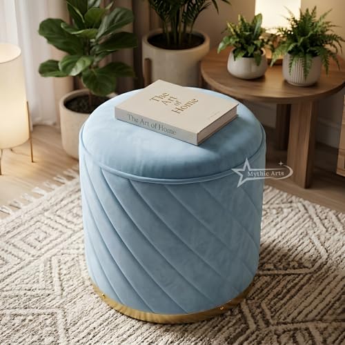 Image of Mythic Arts Ottoman Stool, Puffy Stool, Sitting Stool, Modern Upholstered Round Ottoman, Dressing Table for Living-Sky Blue