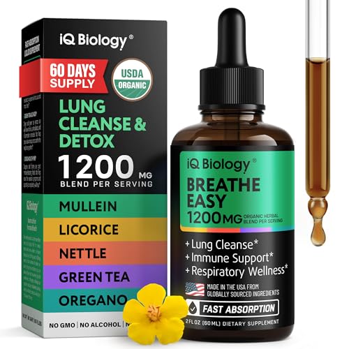 IQ BIOLOGY Mullein Drops for Lungs - USDA Organic Mullein Leaf Extract Supplement - Made in USA - Liquid Lung Detox for Smokers Bronchial Cleanse for Respiratory to Clear Lungs Break Up Mucus* 2 oz