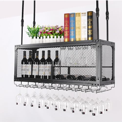 Casier à vin suspendu en métal avec support de verres intégré pour optimiser l'espace de bar