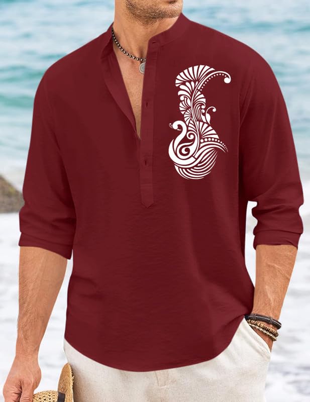Image of FINIVO FASHION Men's Printed Cotton Blend Short Kurta with Artistic Chest Design | Stylish Full Sleeve Casual Kurta with Mandarin Collar for Daily, Travel Soft Textured