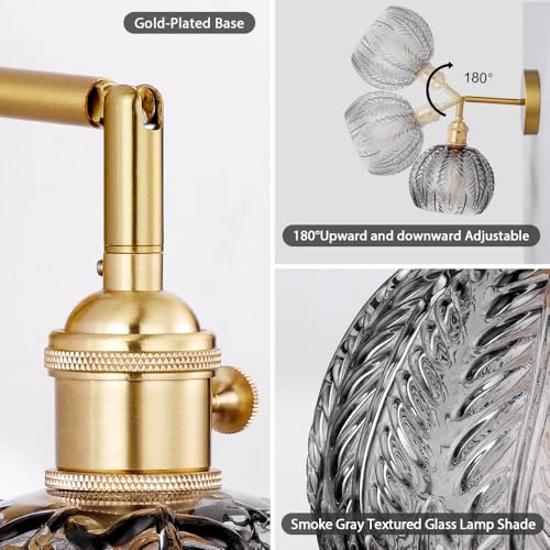 Image of Cerdeco Vintage Wall Sconce with Grey Leaf Glass Shade,180Adjustable Arm and Golden Base,Modern Indoor Wall Light Lighting for Bedroom