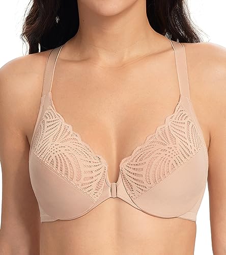 Image of Lemorosy Women's Full Figure Front Closure Racerback Underwire Everyday Bra | Plus Size, Lace, Unpadded