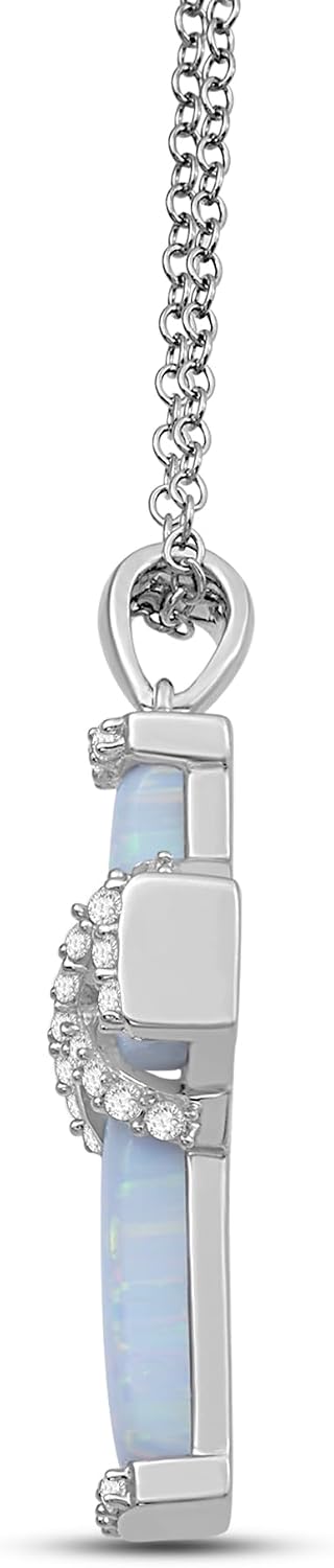 Jewelili Sterling Silver Cross Pendant Necklace for Women | Created Opal & Round White Sapphire | 19" Cable Chain | Luxury Jewelry | Gift Box Included