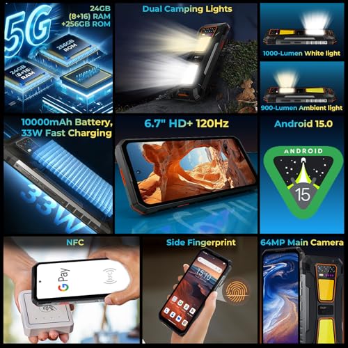 OUKITEL WP58 PRO Rugged Smartphone 5G, 24GB+256GB/1TB, 10000mAh Battery Rugged Phone, Android 15 Dual Camping Lights, 6.7\"120Hz Display ,64MP+8MP Camera, IP68 Waterproof, 5G Dual SIM/NFC/GPS/OTG Black - Thumbnail 6