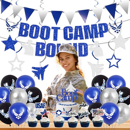 Image of Holkcog Air Force Party Decorations, Blue Boot Camp Bound Themed Birthday Banner, Farewell Party Welcome Ceremony, Fighter aircraft Cupcake Decoration, Jet Aircraft Plane Airplane Military Cake Topper