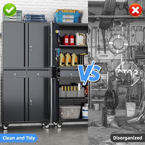 Image of 71 inch Rolling Metal Garage Cabinet with 2 Drawers and Pegboard Doors